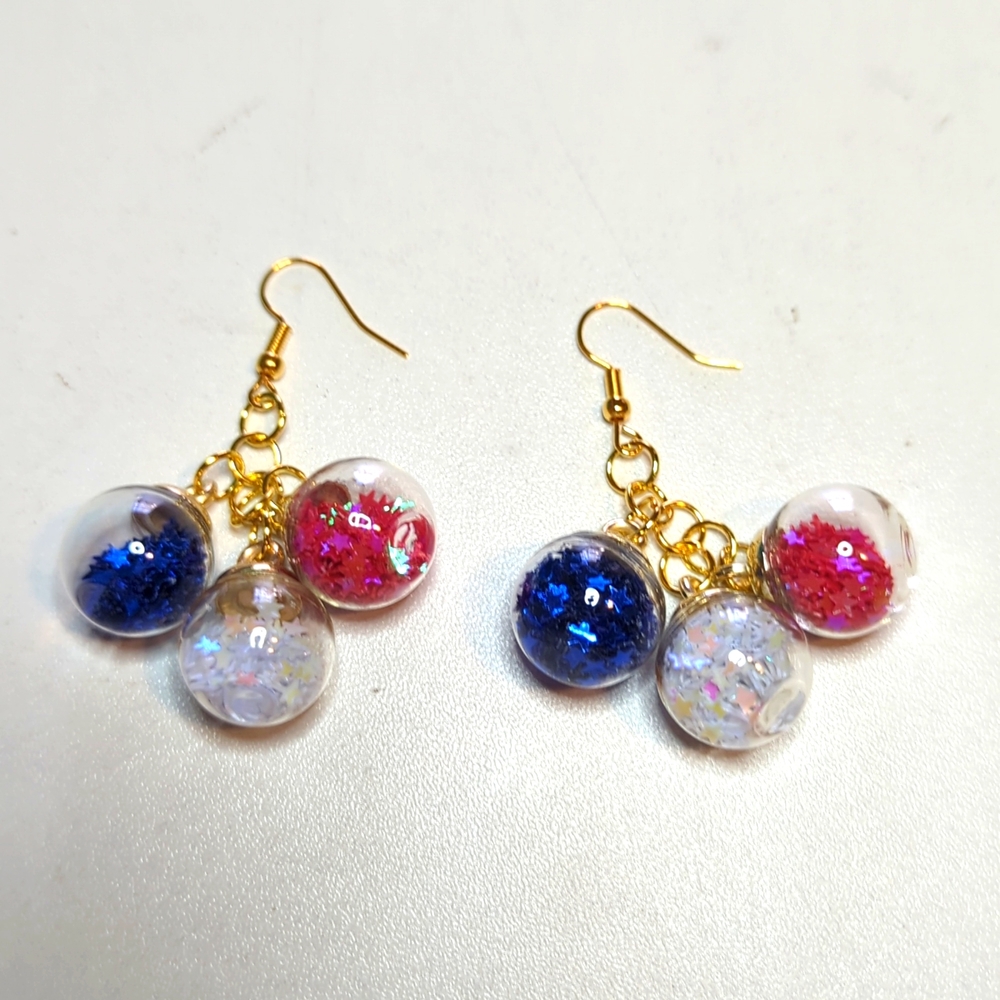 New Handmade Red White and Blue Glitter Ball Cluster Earrings